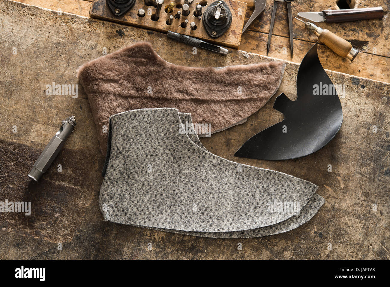 Shoemaker, cuttings, felt, leather, fur, tools, Kainisch, Styria, Austria Stock Photo