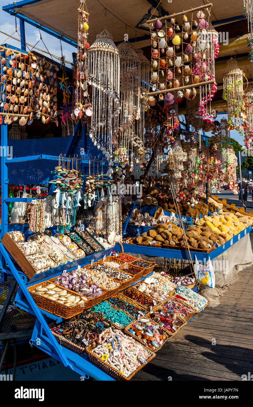 Colourful Souvenirs For Sale On A Boat In The Harbour, Rhodes Town, Rhodes, Greece Stock Photo