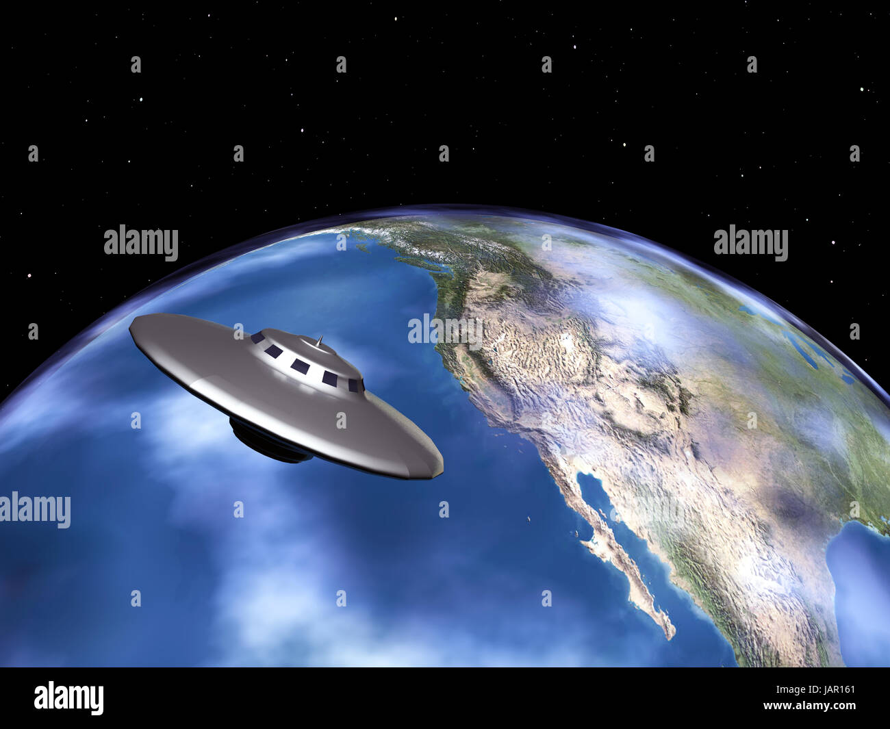 the earth and alien spacecraft Stock Photo