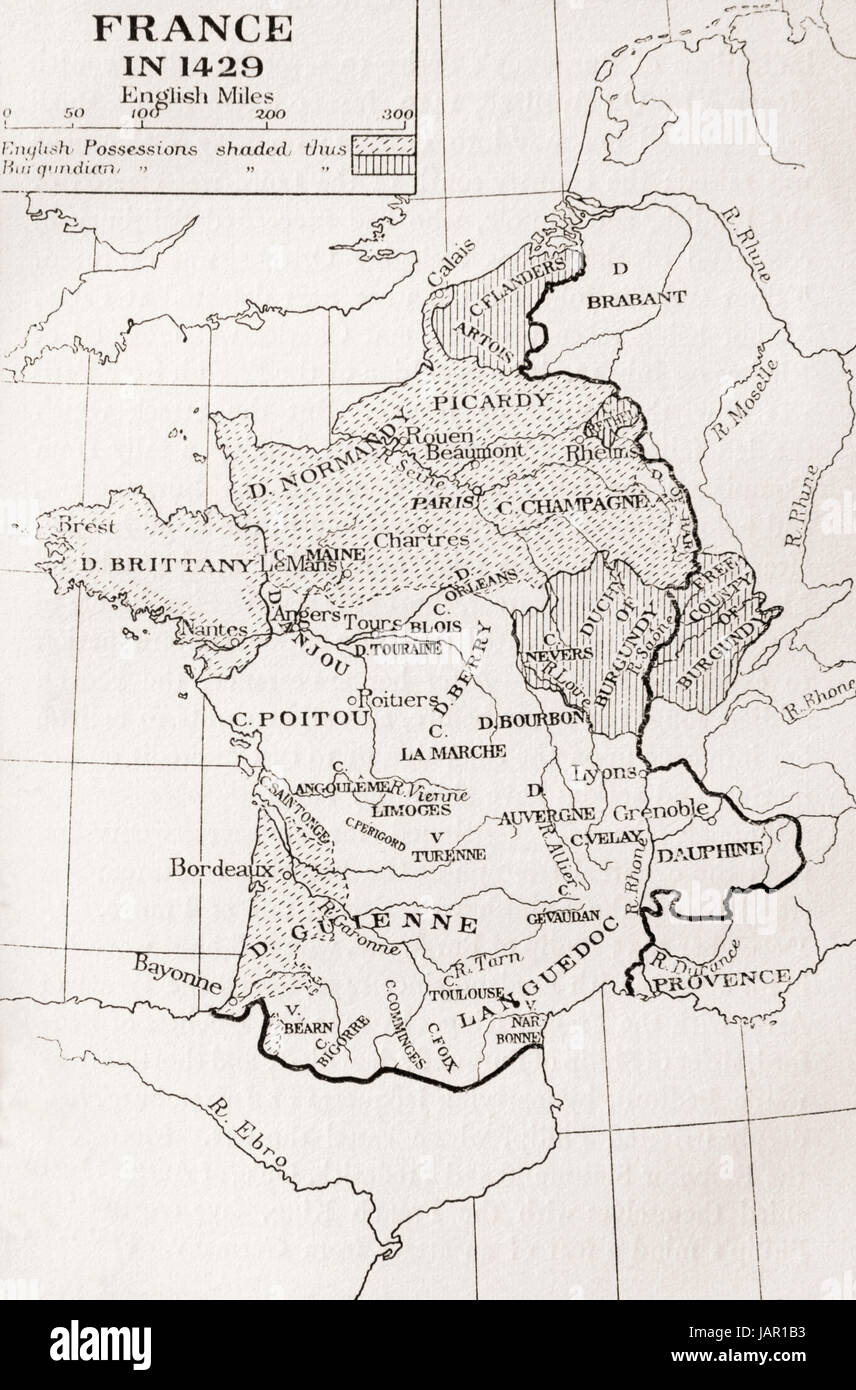 Map of France in 1429.  From France, Mediaeval and Modern A History, published 1918. Stock Photo