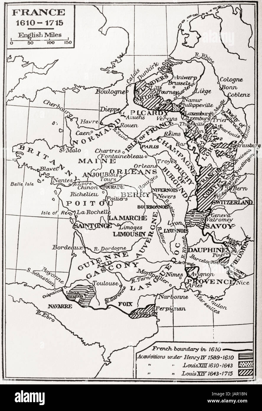 Map of France, 1610 - 1715. From France, Mediaeval and Modern A History, published 1918. Stock Photo