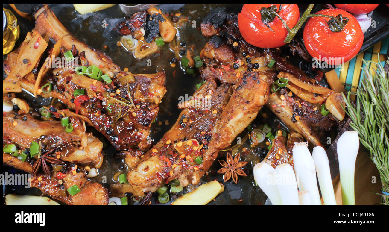 Top down view of delicious braised sticky king pork ribs Stock Photo