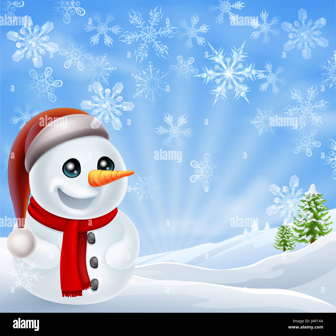 A Cartoon Snowman Standing In A Snow Covered Christmas Landscape Stock Photo Alamy