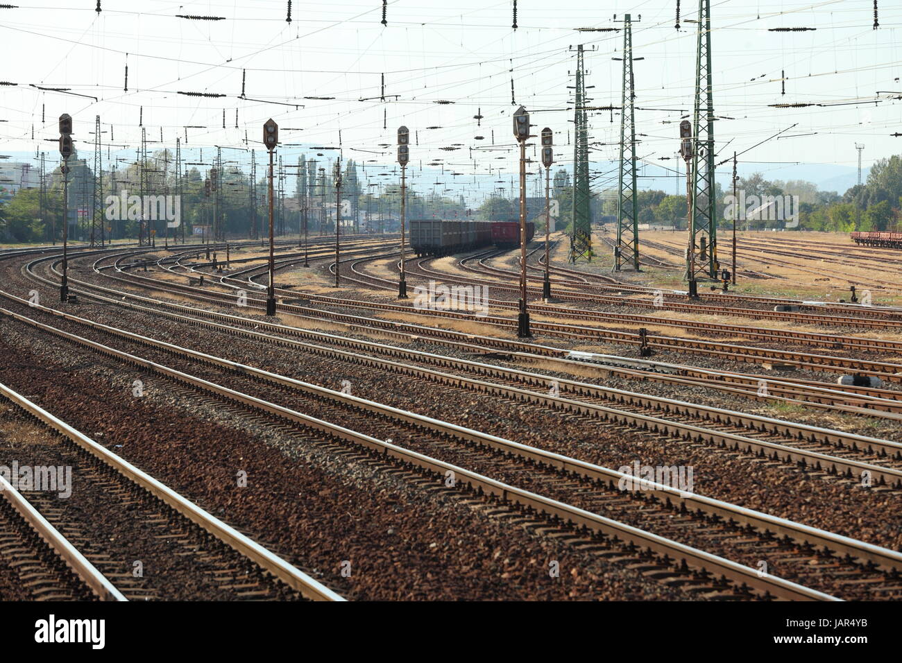 Many railway tracks with freight wagons Stock Photo - Alamy