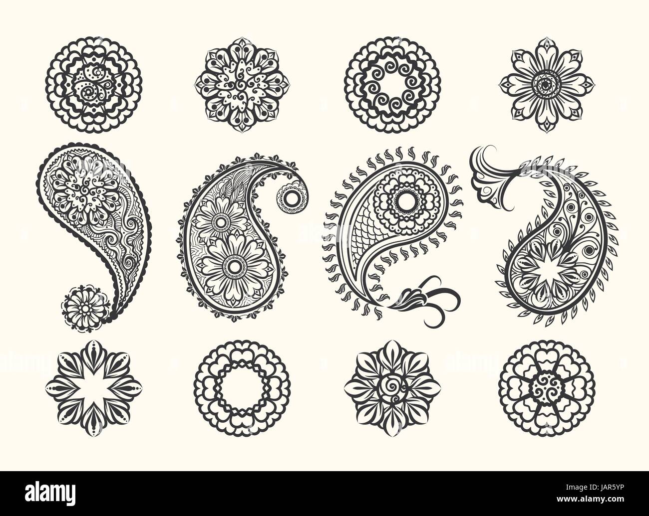 Hand drawn henna flowers paisley doodle hi-res stock photography ...