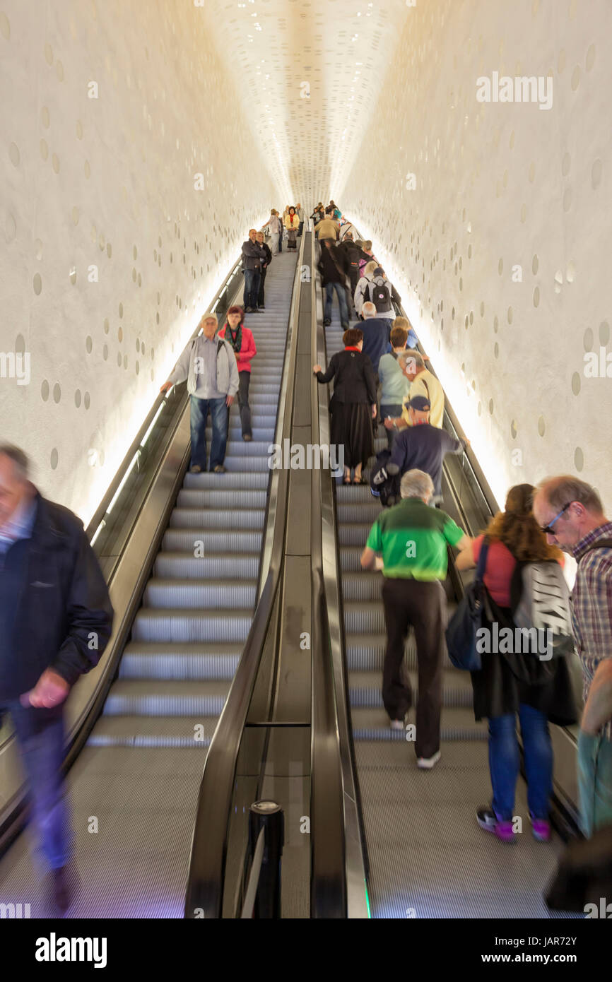 Hamburg, Germany - May 17, 2017: The  tube, a concave escalator at Elbphilharmonie, with 82 meters the longest in Europe. Stock Photo