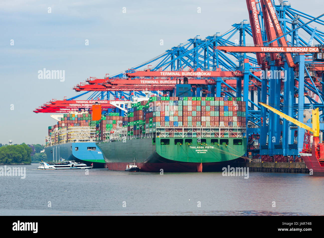 Hamburg, Germany - May 17, 2017: Thalassa Pistis, container ship built for Evergreen marine Corporation and MOL Triumph, today largest ship ever built Stock Photo