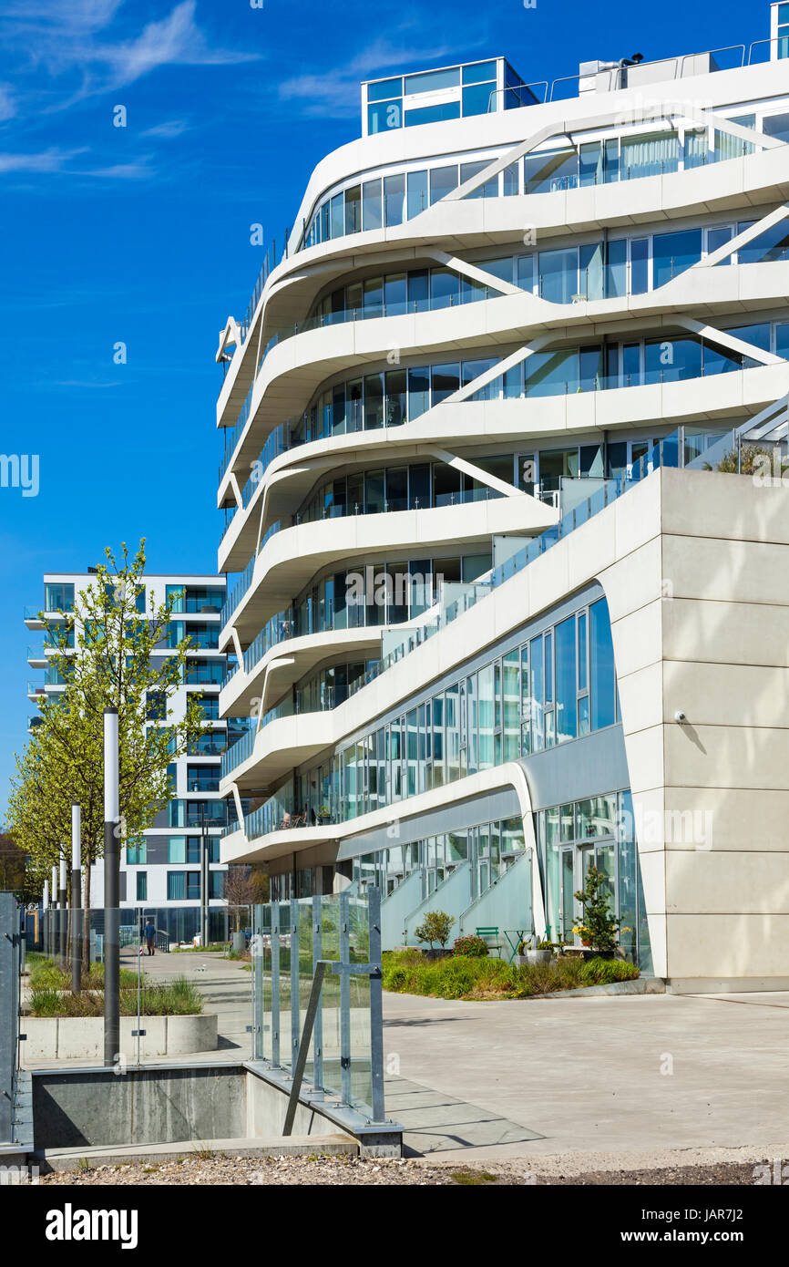 Aarhus, Denmark - May 2, 2017: Contemporary residential highrise buildings at newly developed harbor area. Stock Photo