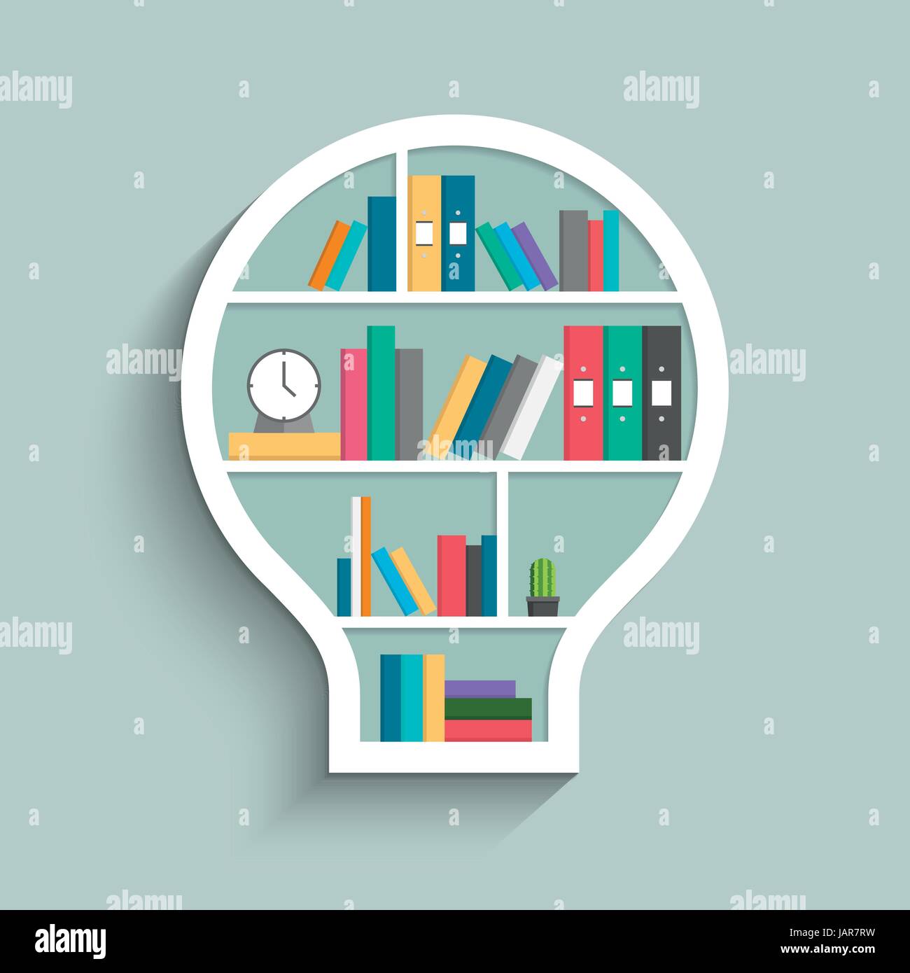 Bookshelf in form of lightbulb with colorful books, clock and cactus on