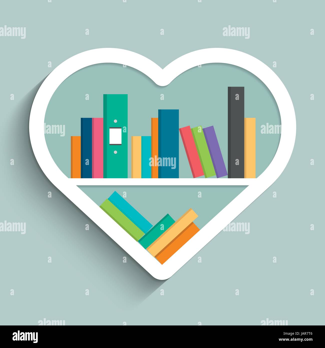 Bookshelf in form of heart with colorful books on blue pastel color