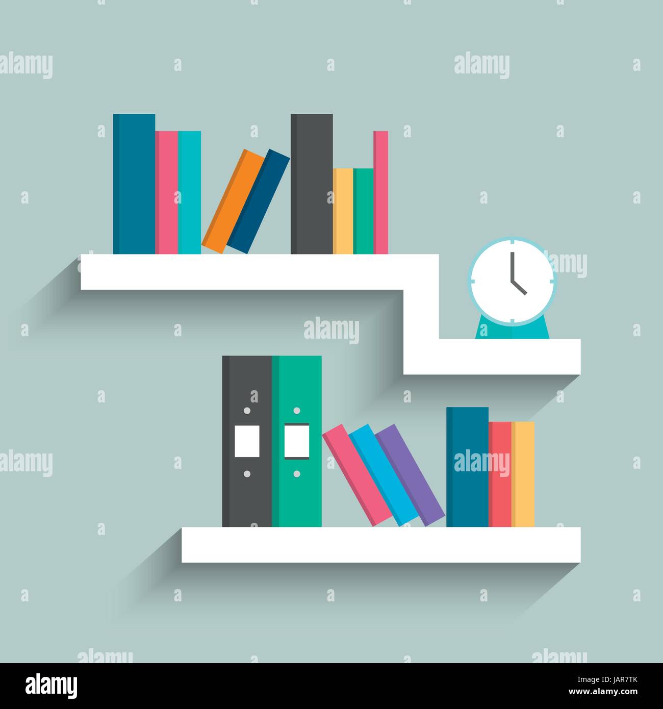 Bookshelf with colorful books and clock on blue pastel color background
