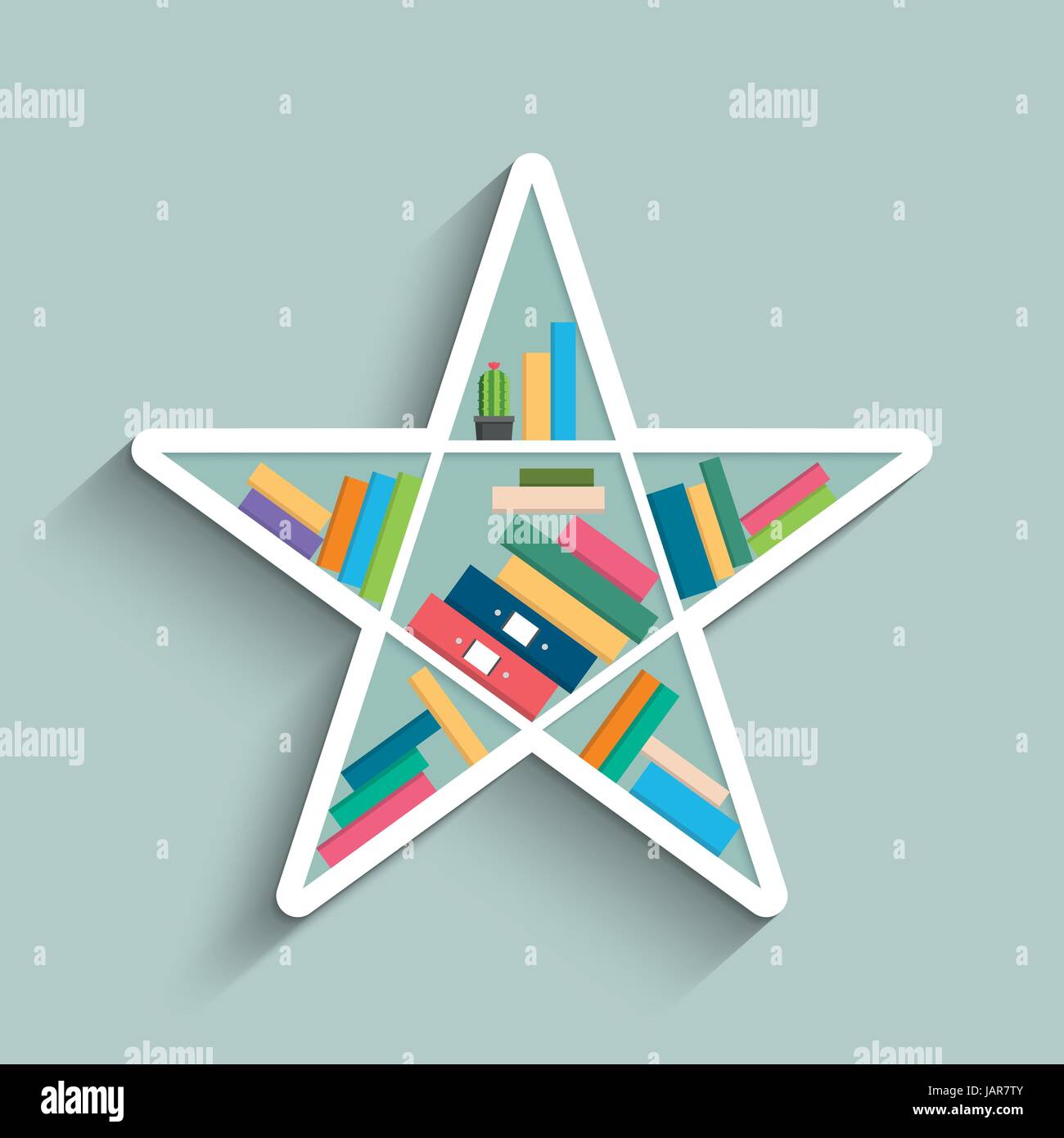 Bookshelf in form of star with colorful books on blue pastel color