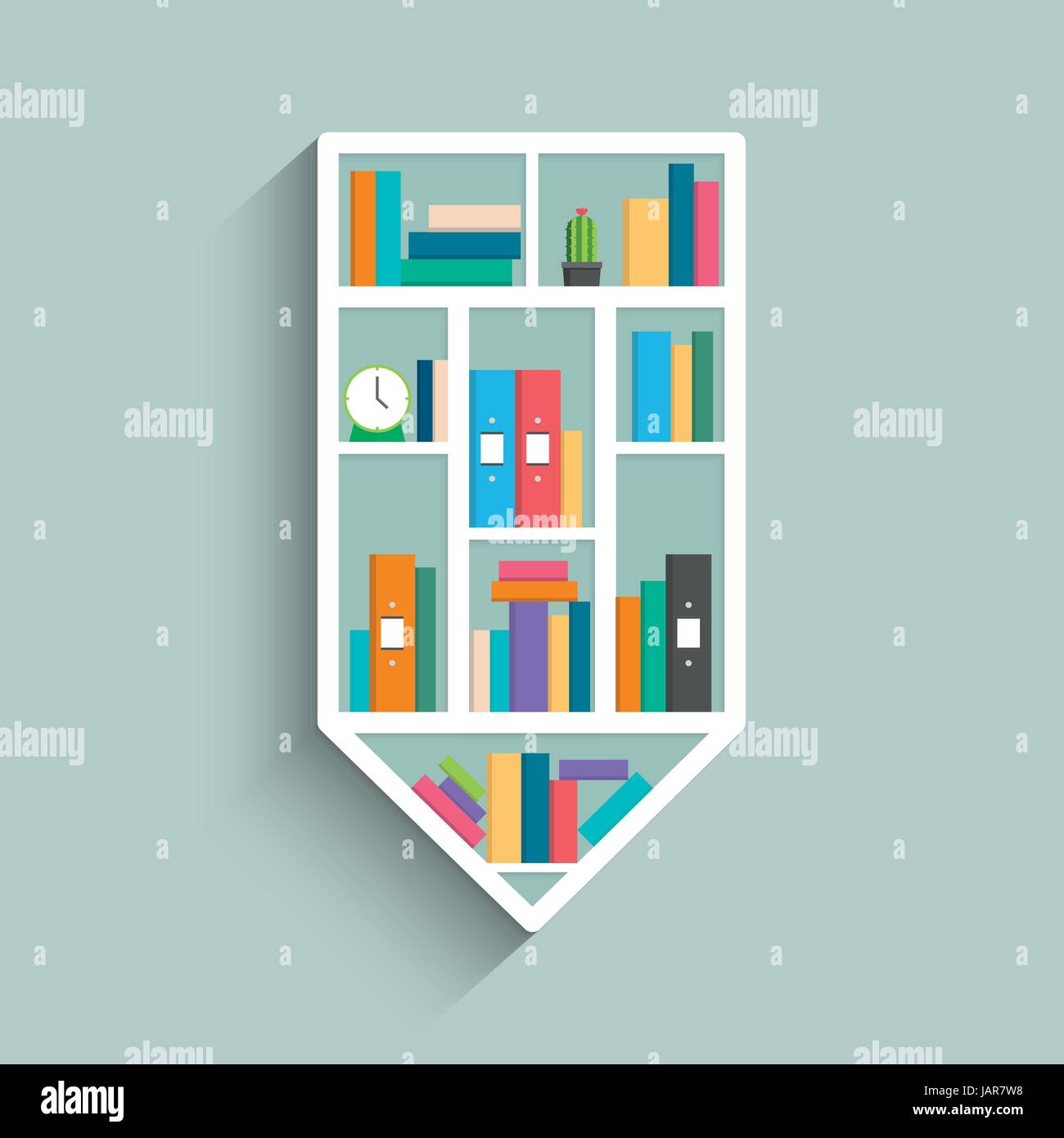 Bookshelf in form of pencil with colorful books on blue pastel color