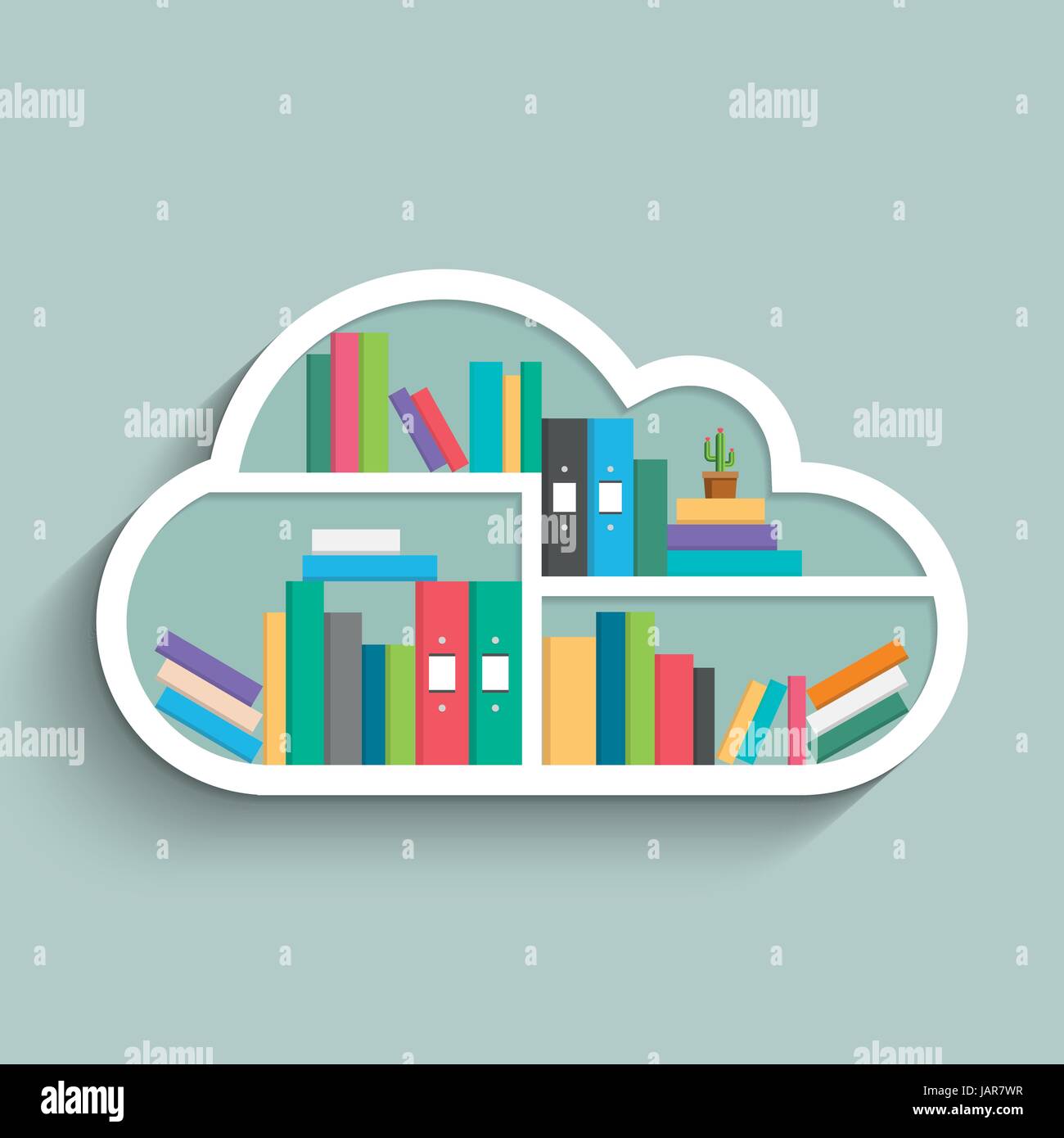 Bookshelf in form of cloud with colorful books and cactus on blue pastel color background.. Flat design. Vector illustration. Stock Vector