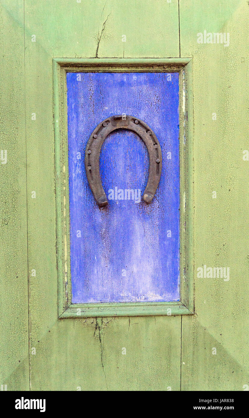 Lucky Horse Shoe On Wooden Door Panel Stock Photo Alamy