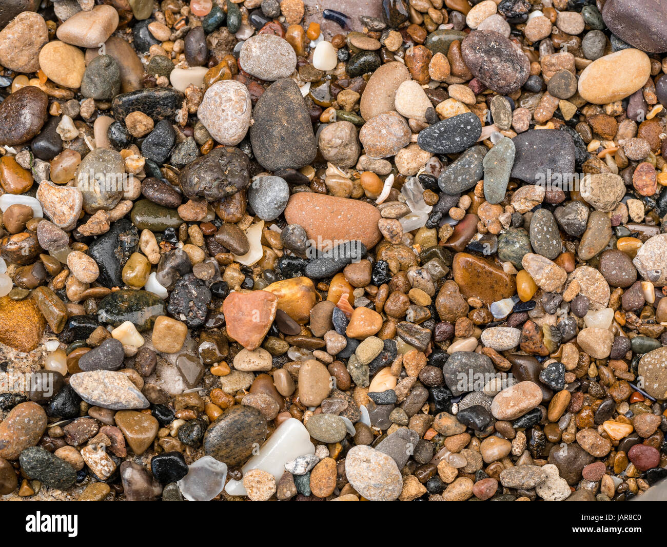 Sea washed and smoothed pebbles on North Sea Coast of North Yorkshire UK Stock Photo