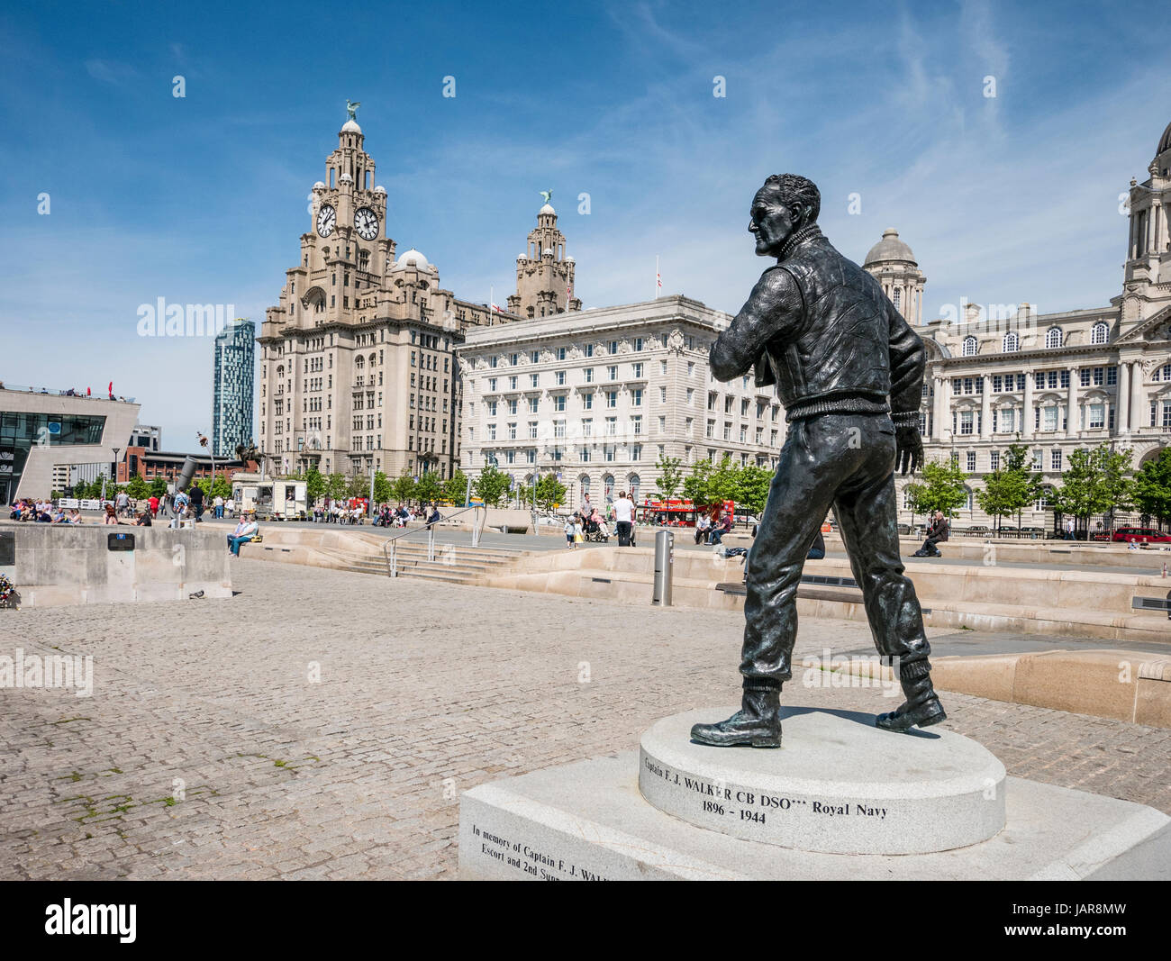 Statue to Captain F.J.Walker CB DSO in front of the Three Graces Buildings Liverpool UK Stock Photo