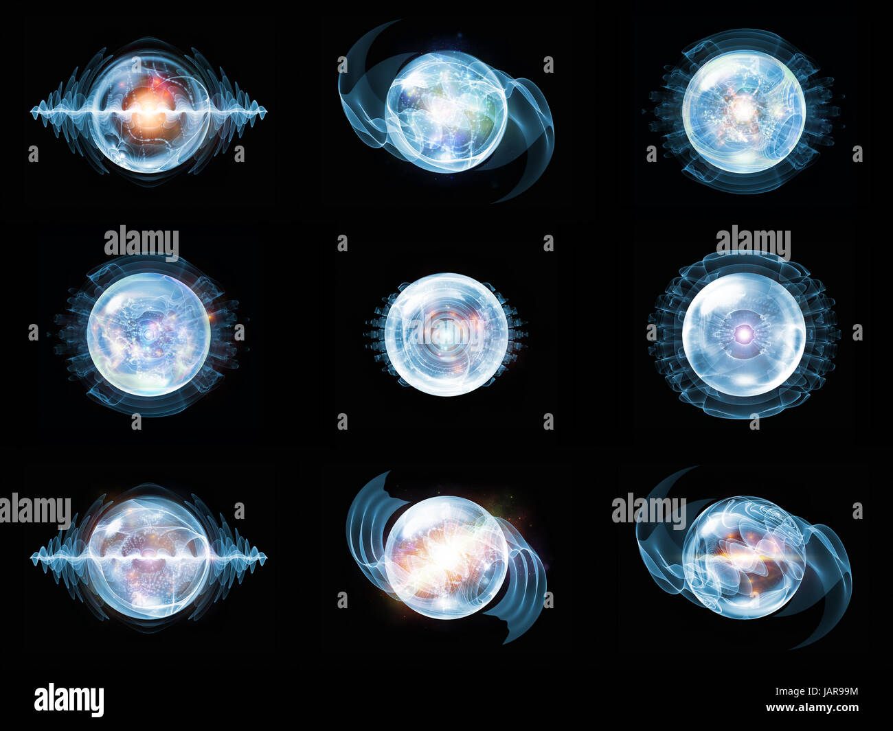wave particle series arrangement of glowing orbs of wave energy on