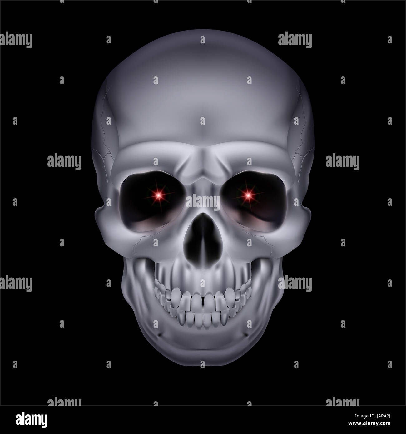 Chrome Mystic Skull With Red Sparks In The Eyes On Black Background Stock Photo Alamy