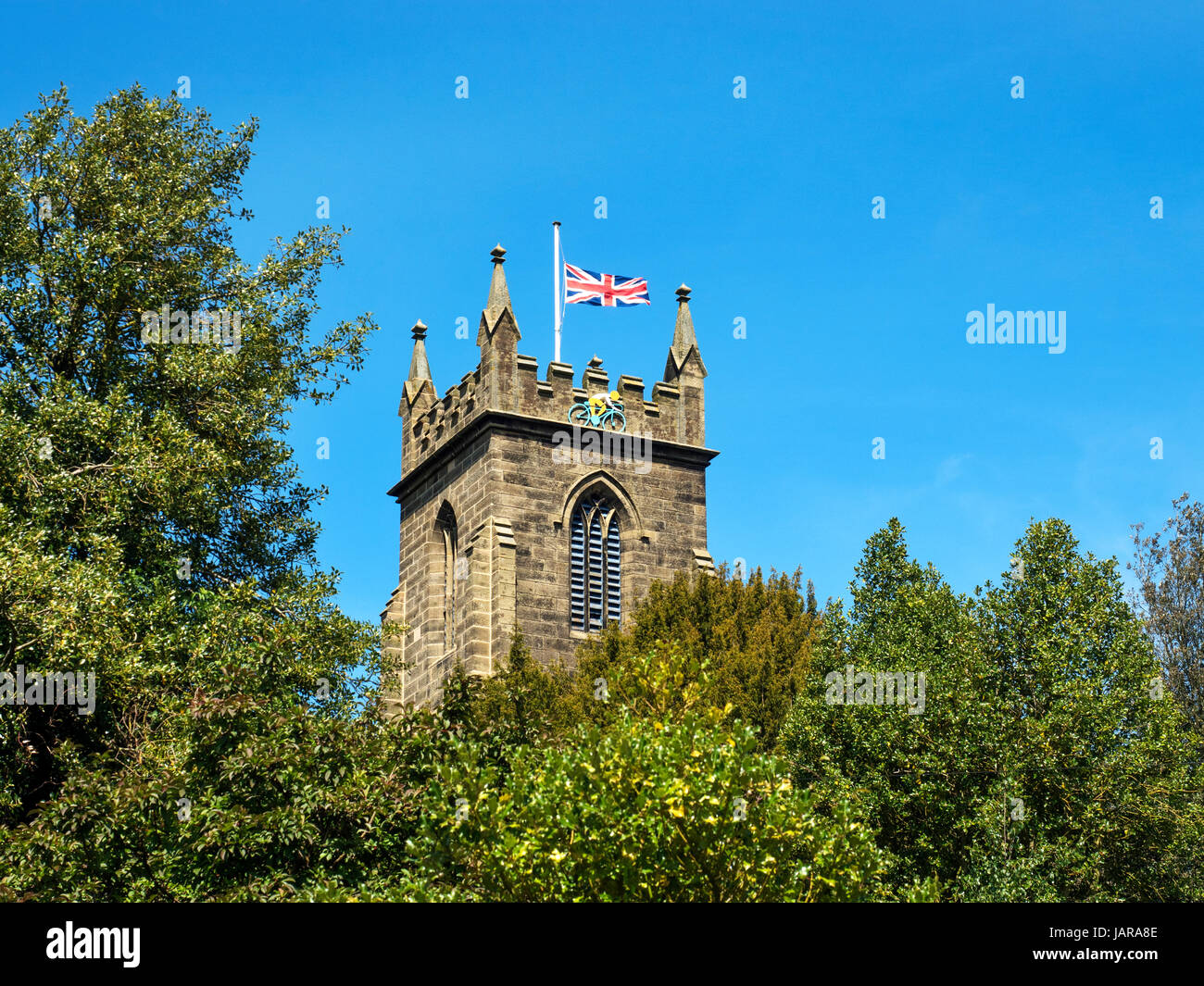 Tower at St Cuthberts Church with Tour de Yorkshire Decoartion Pateley