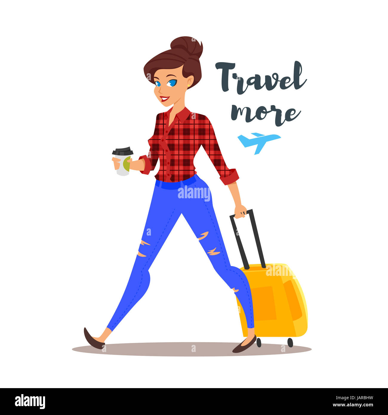Vector flat style illustration of young pretty woman with a travel case. Travel more motivational poster. Isolated on white background. Stock Photo