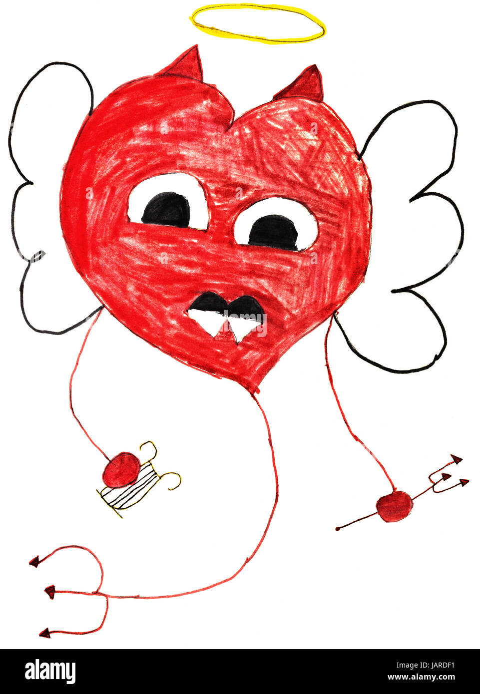 Children Drawing Stylized Flying Angel Heart Stock Photo