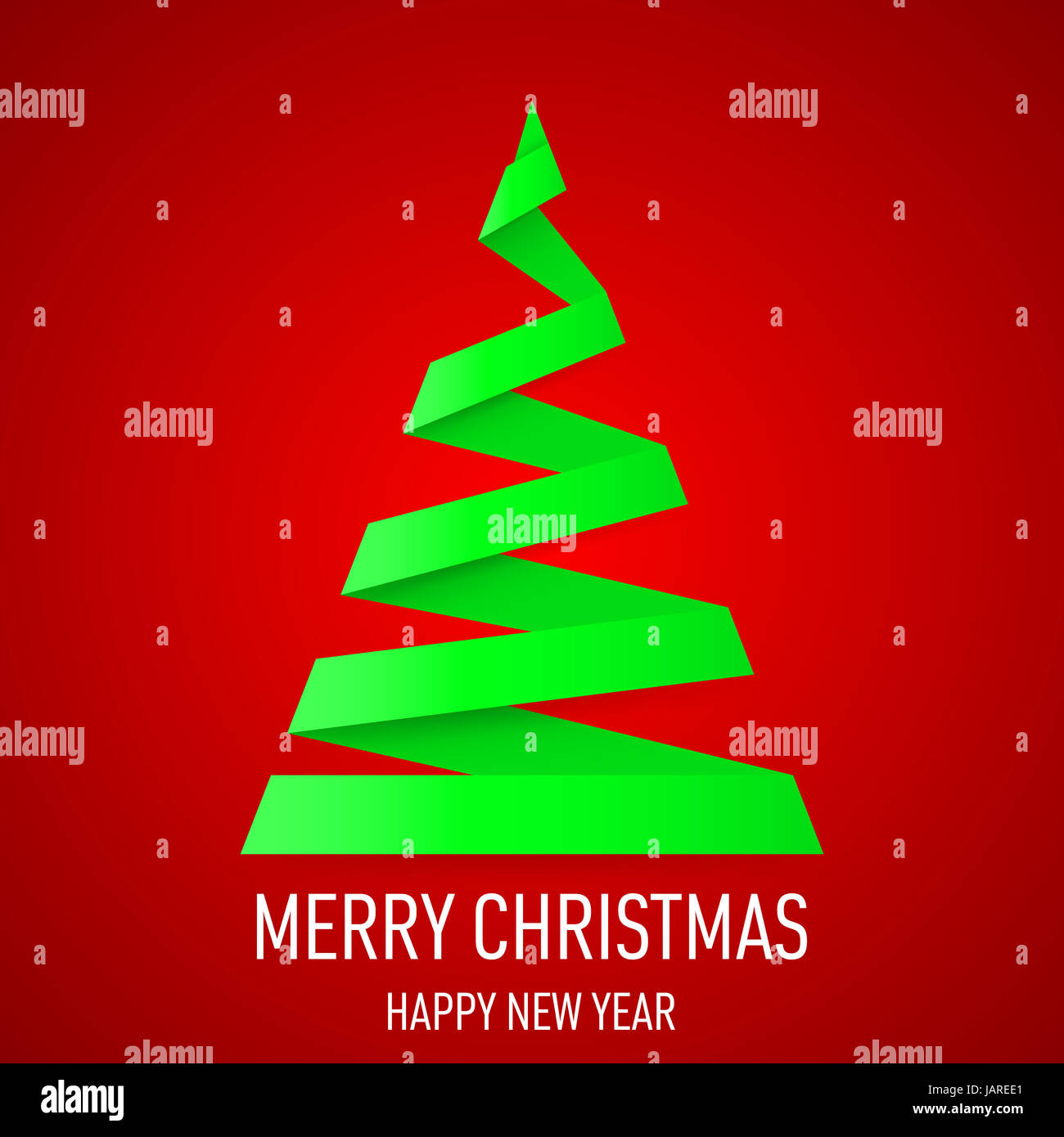 Green paper Christmas tree in origami style on red background. Greeting ...