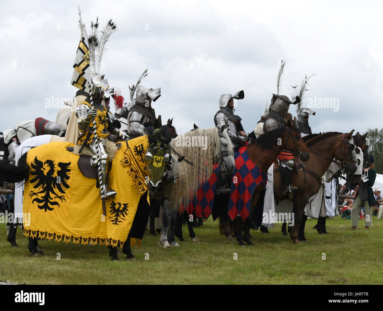Battle of Grunwald. Clash of the Teutonic knights, Polish and Lithuanian - An elite unit of German knights on horses, awaiting the enemy. Stock Photo