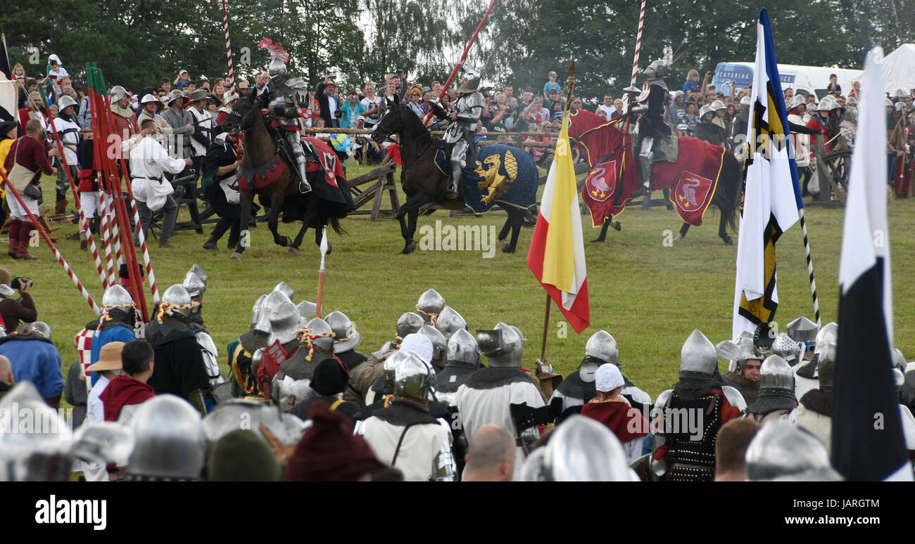 Battle of Grunwald. Clash of the Teutonic knights, Polish and Lithuanian - The elite of Polish knights is attacking the Teutons. Lance and banners. Stock Photo