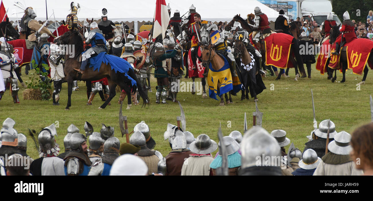 The elite troops of the knights on the horses attack the enemy.Medieval Battle of Grunwald in which the Teutonic knights fought against the Polish. Stock Photo