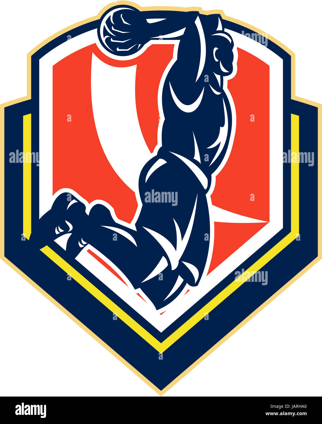 Illustration of a basketball player jumping dunking ball set inside shield crest done in retro style. Stock Photo