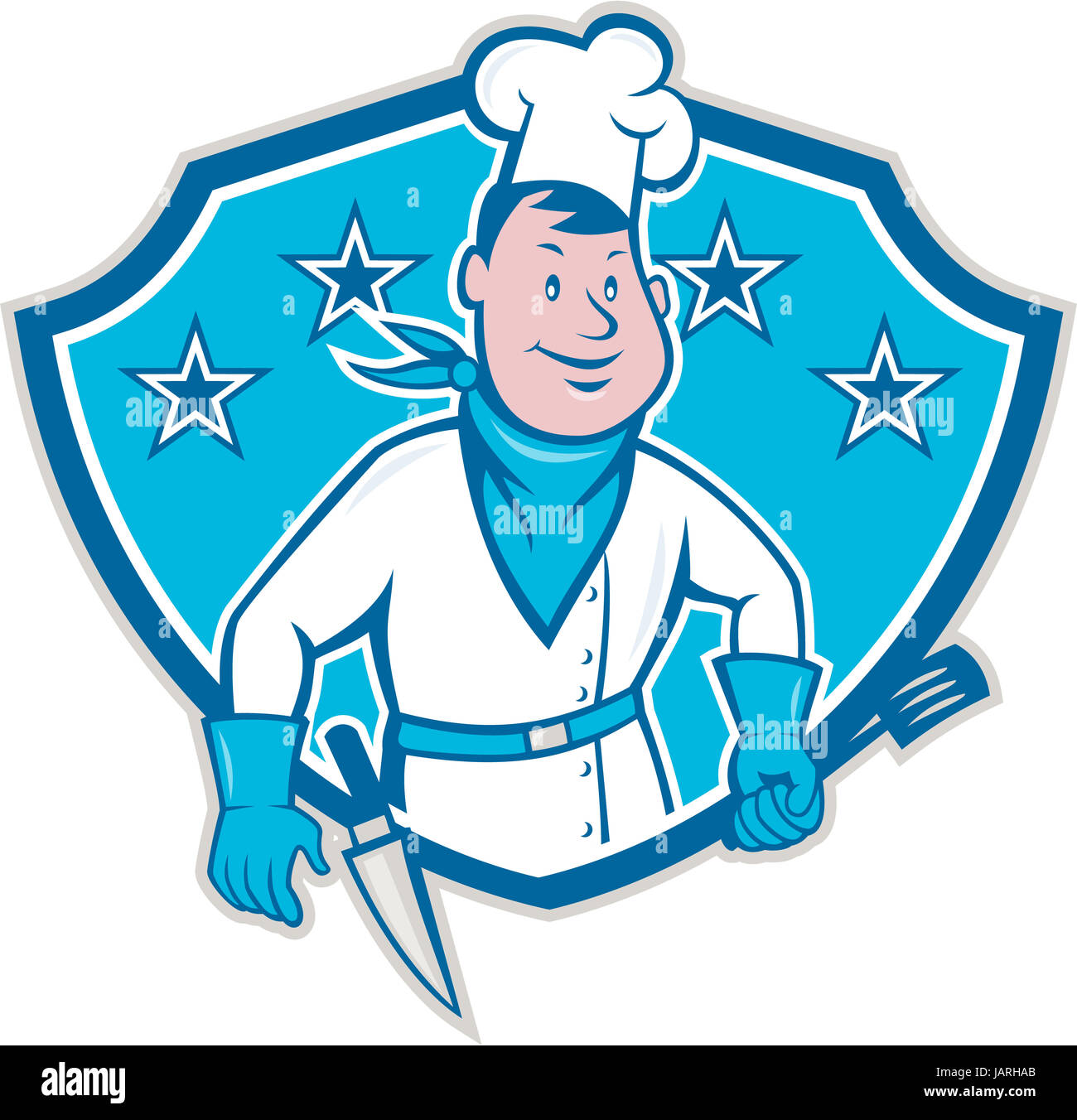 Illustration of a chef cook with spatula and kitchen knife on hip wearing bandana on neck and facing front set inside shield with stars done in cartoon style. Stock Photo