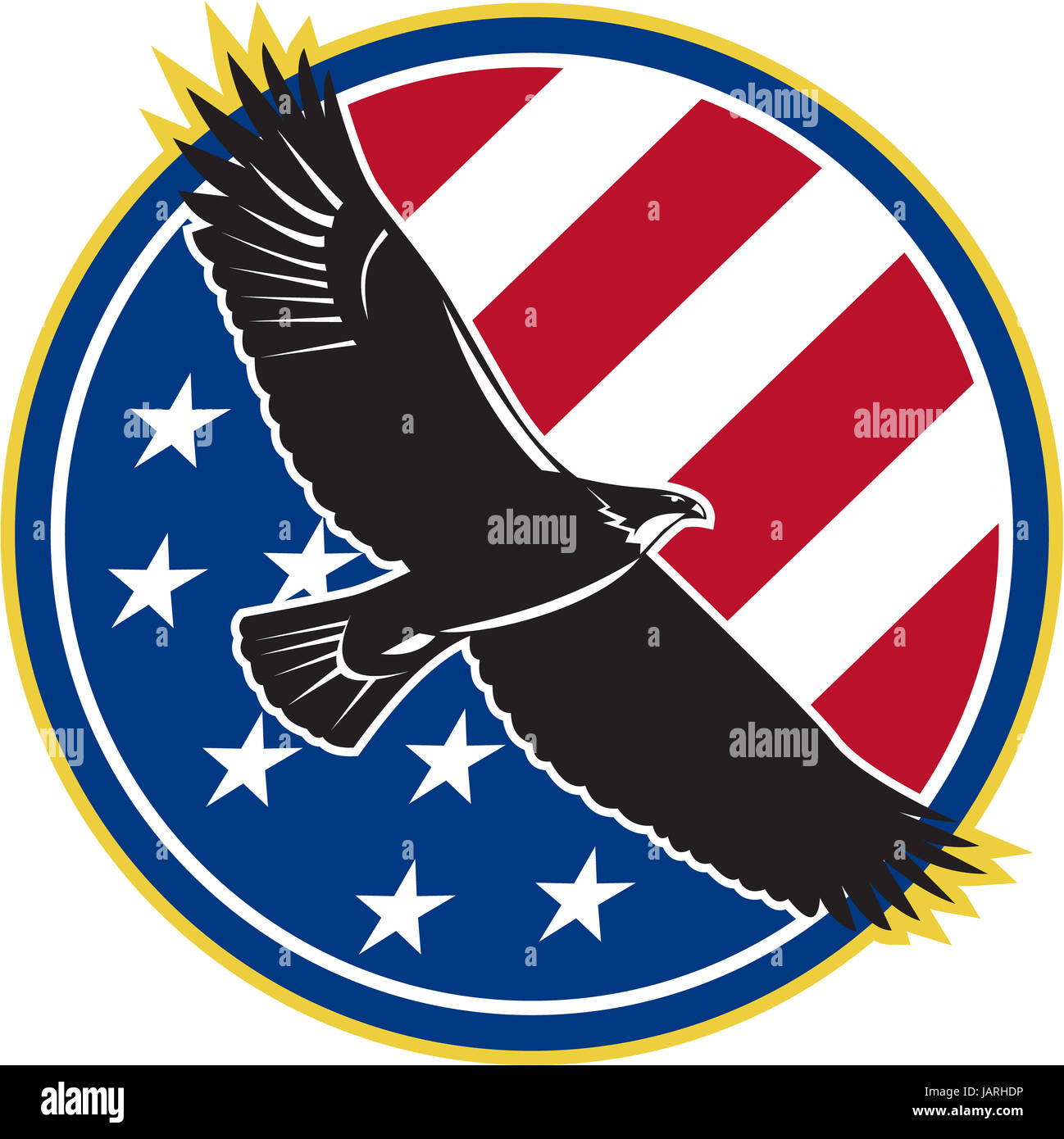 Illustration of a bald eagle soaring flying with american USA stars stripes flag set inside circle on isolated background done in retro style. Stock Photo