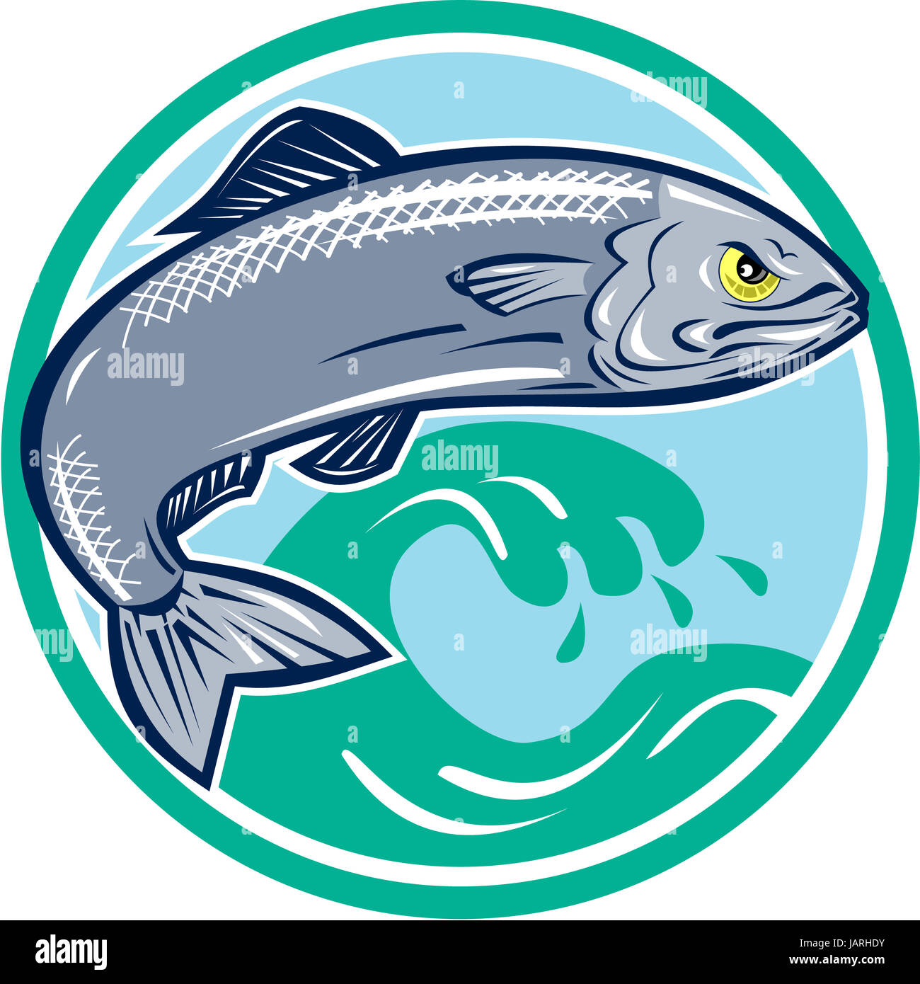 Illustration of an angry sardine fish jumping with waves in background set inside circle on isolated white background retro style. Stock Photo