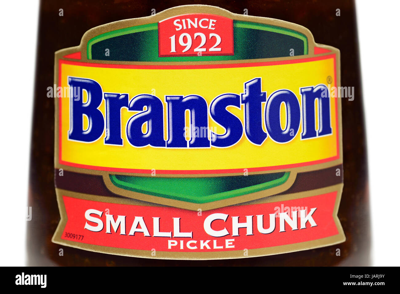Branston Label on a Jar of Pickle, Close Up. Stock Photo
