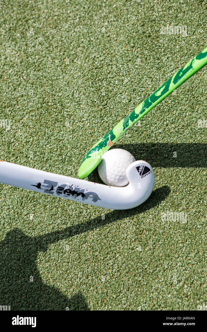 PE lessoplaying hockey shot from above Stock Photo