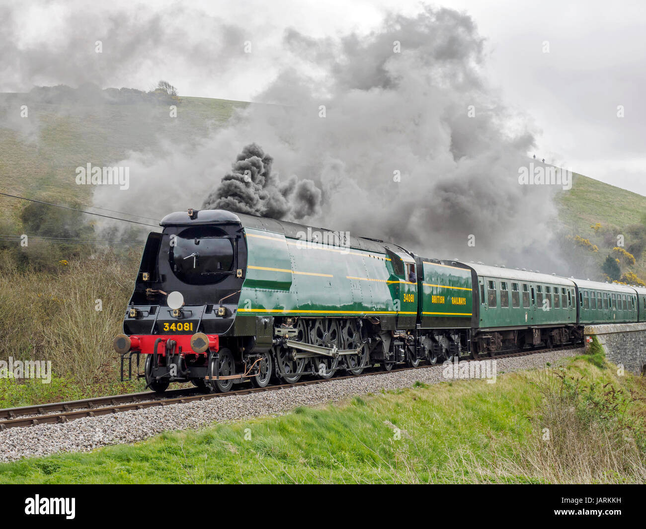Southern Steam! Former Southern Railway and BR Bulleid Pacifics  on the Swanage Railway in May 2017 commemorating the end of Southern steam in 1967. Stock Photo