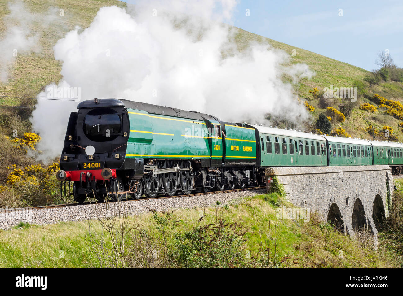 Southern Steam! Former Southern Railway and BR Bulleid Pacifics  on the Swanage Railway in May 2017 smokcommemorate the end of Southern steam in 1967. Stock Photo