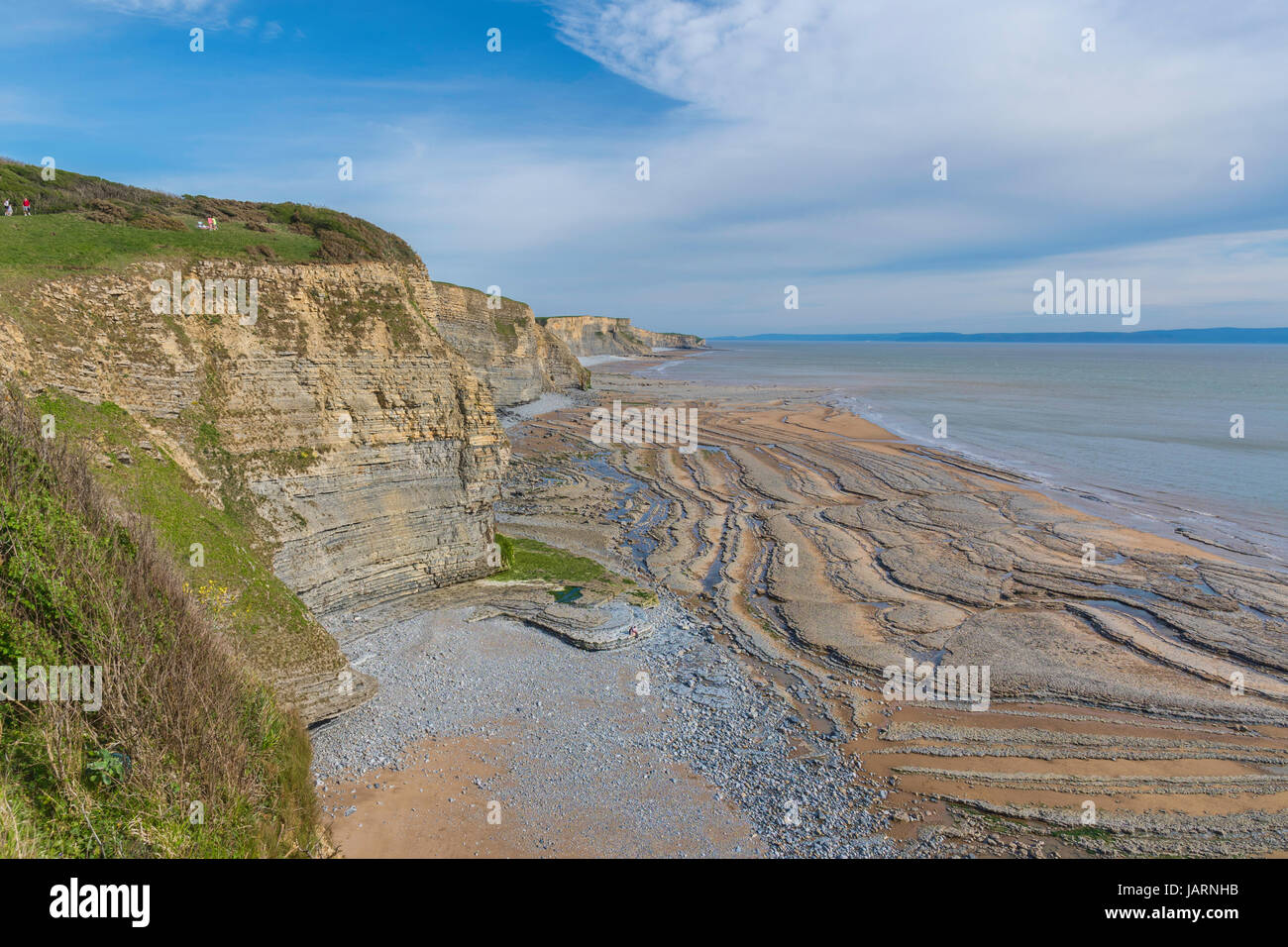 Sea cliff and wave cut platform details at the shore line in South Wales-UK. Stock Photo