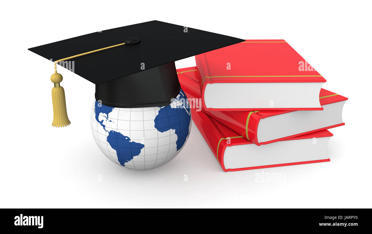 one academic cap or mortarboard with a world globe and a stack of books ...