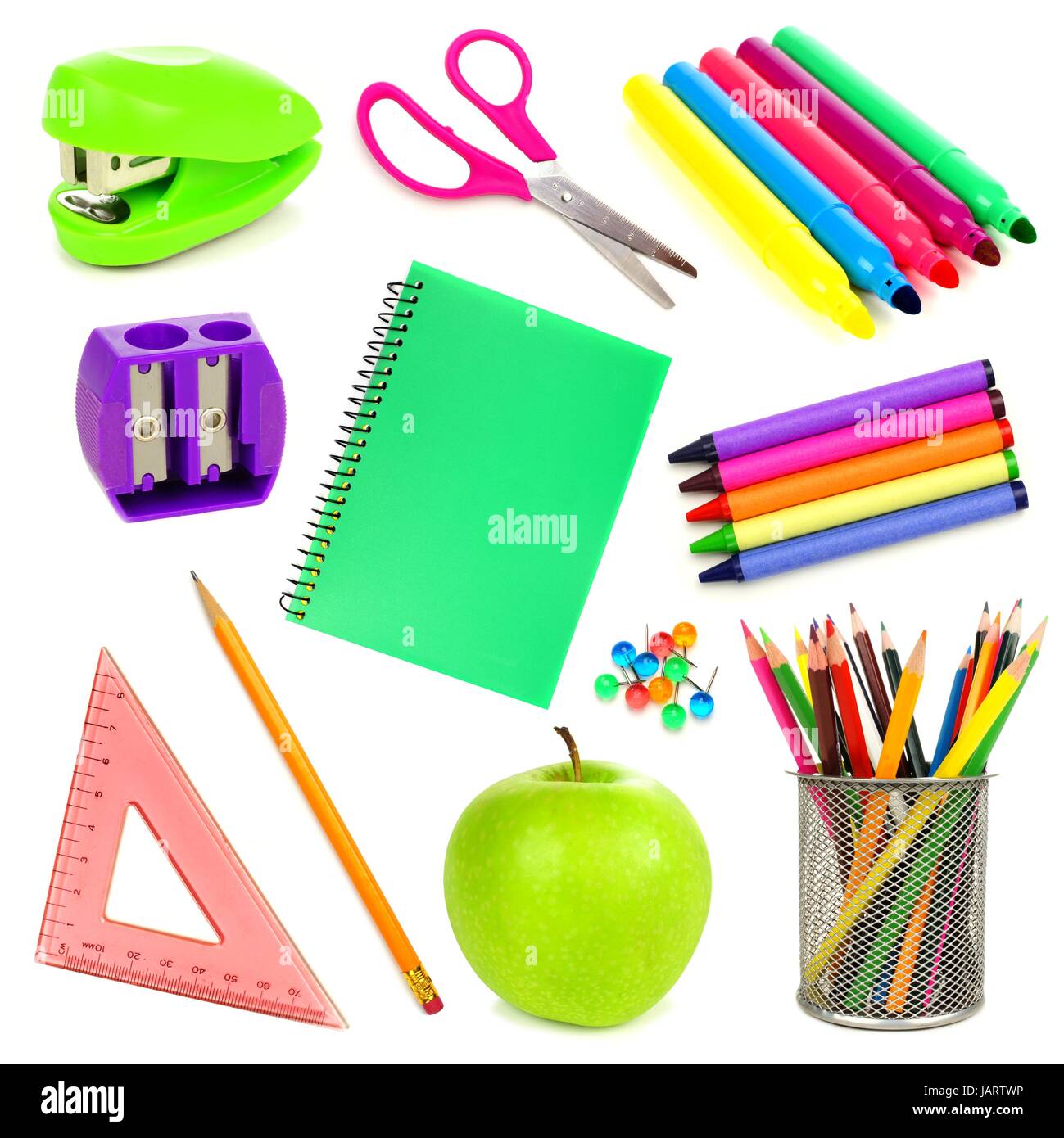 Variety of school supplies individually isolated on a white background ...
