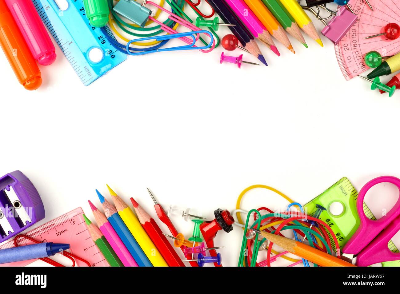 Double border of colorful school supplies on a white background Stock Photo