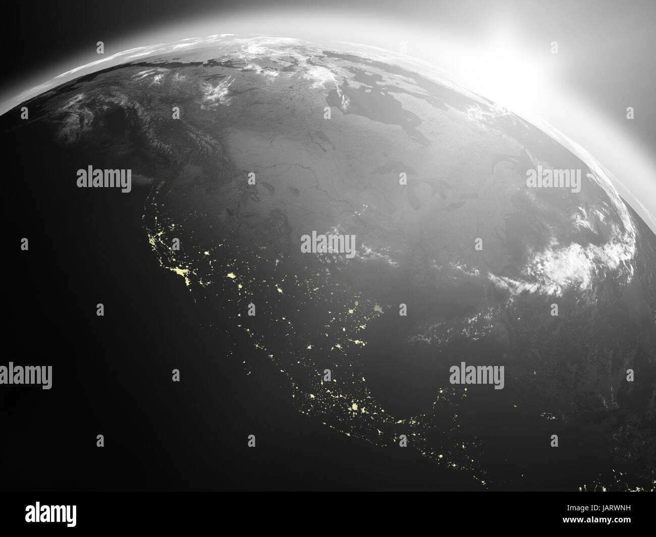 Space view of the sun rising over North America on black planet Earth ...