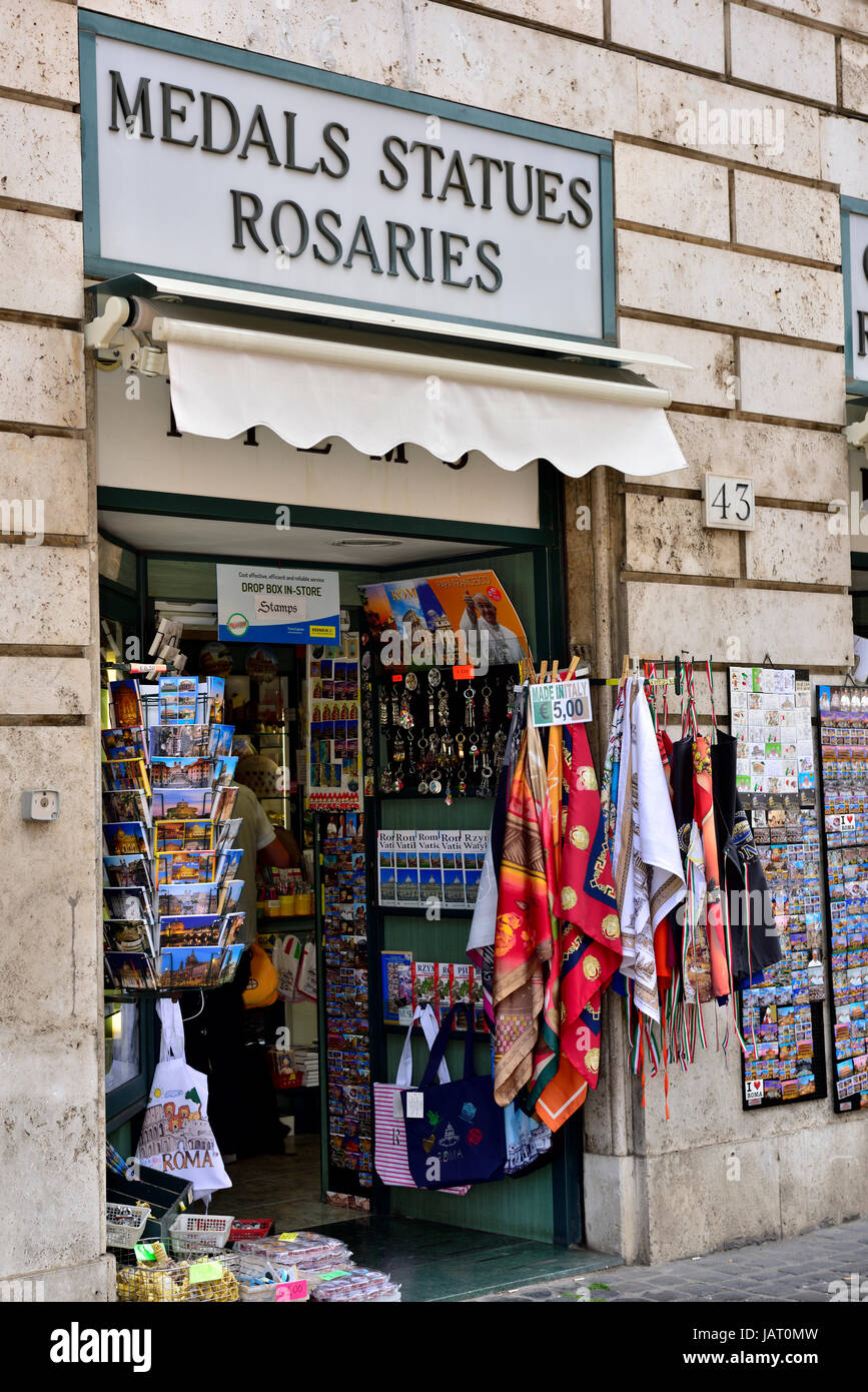 Small shop selling souvenirs rosaries, medals on Porta Angelica outside the Vatican, Rome Stock Photo