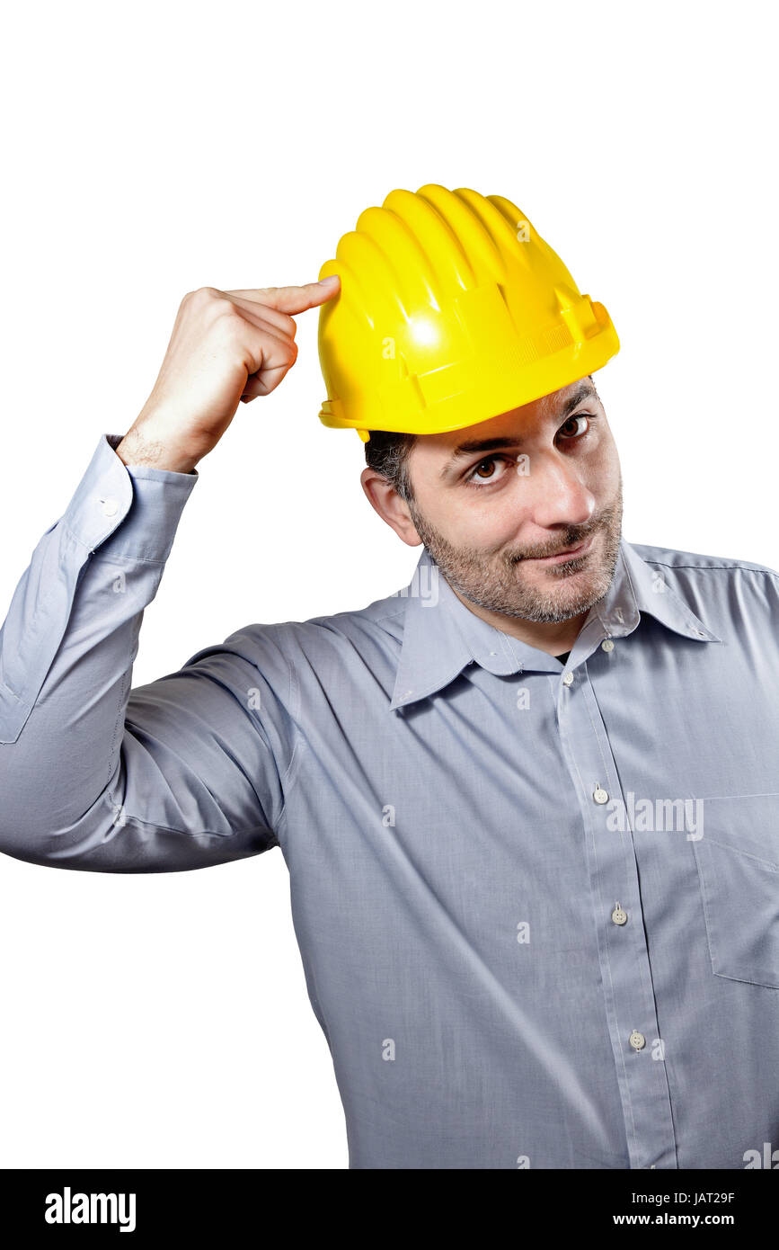 Engineer pointing with hand safety helmet holding on his head. Concept of safety in the workplace Stock Photo