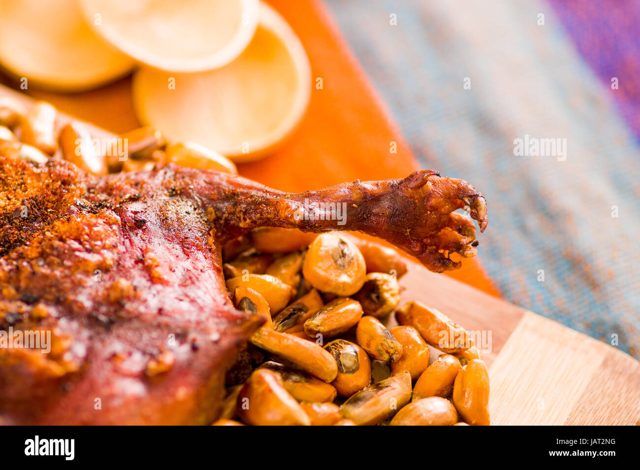 Closeup traditional ecuadorian dish, grilled guinea pig spread out ...