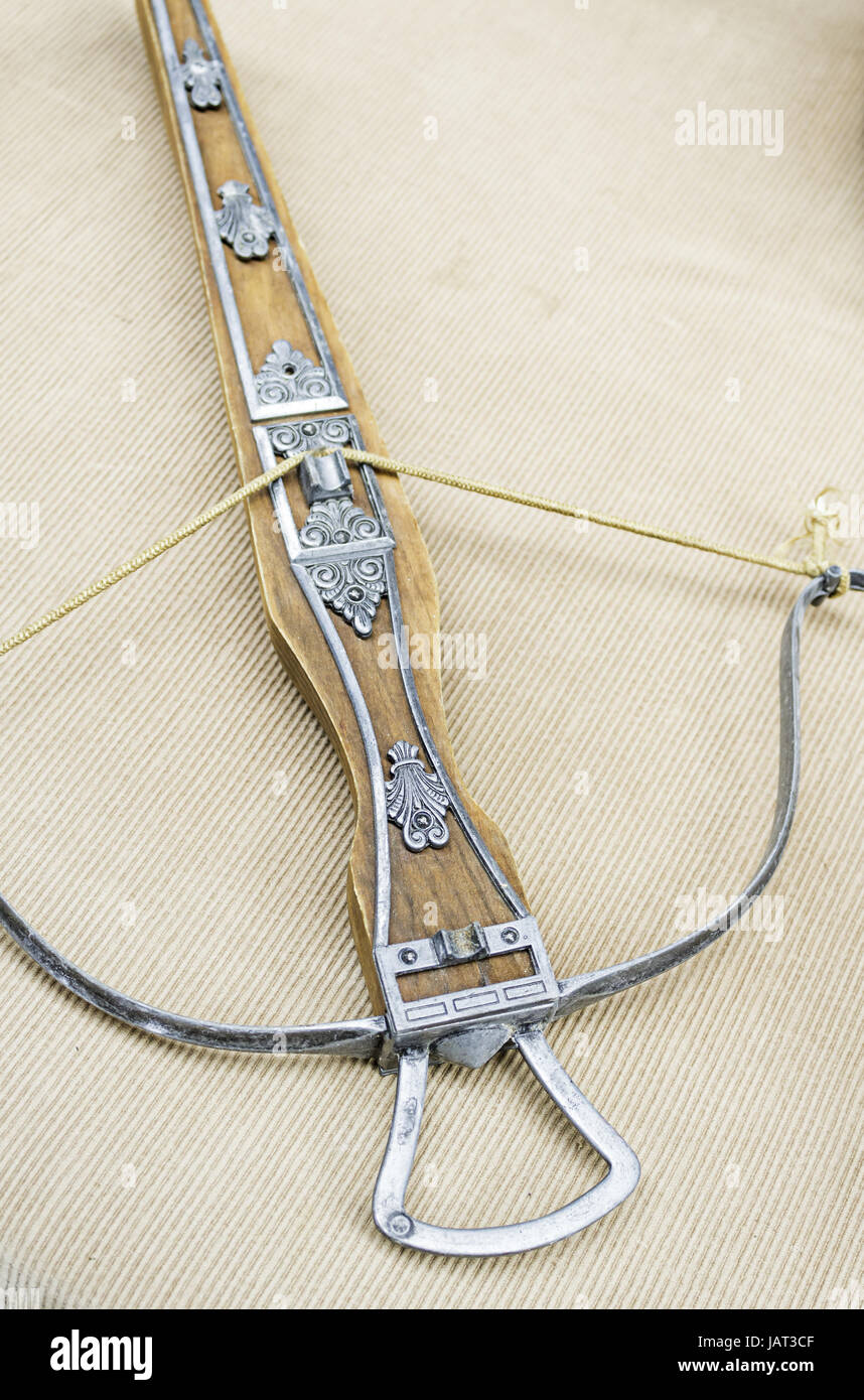 Wood and metal crossbow in exhibition of antique weapons Stock Photo