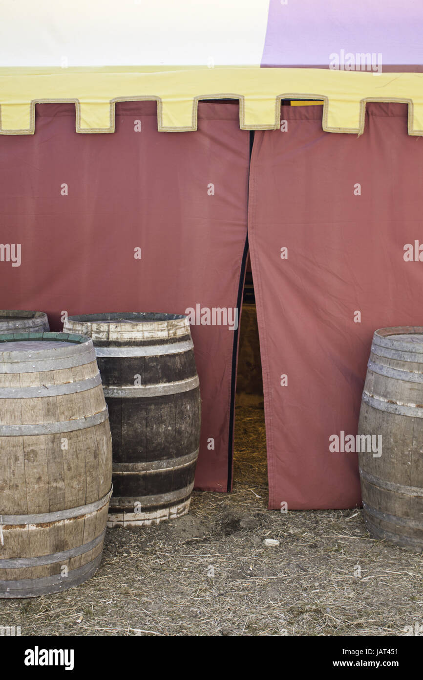 Booth medieval wooden barrels for beverage, celebration and event Stock ...