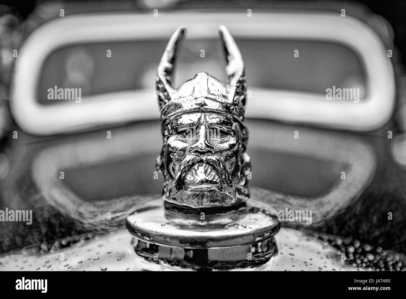 Viking head on the front of an old Rover 10. Stock Photo