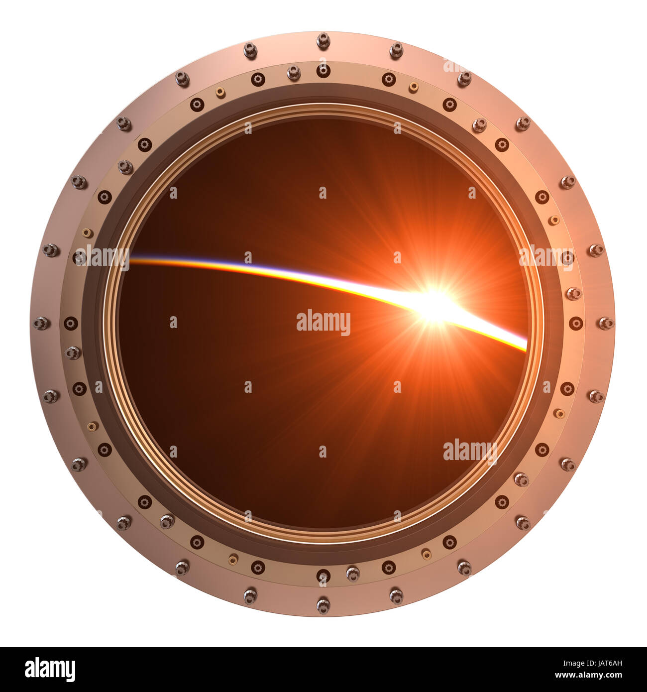 View On The Sunrise Through The Porthole Of Spaceship. 3D Illustration. Stock Photo